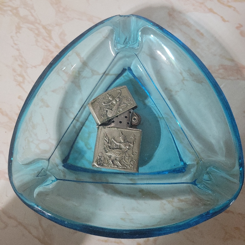 Vintage Hazel Atlas ashtray with silver Japanese Zippo